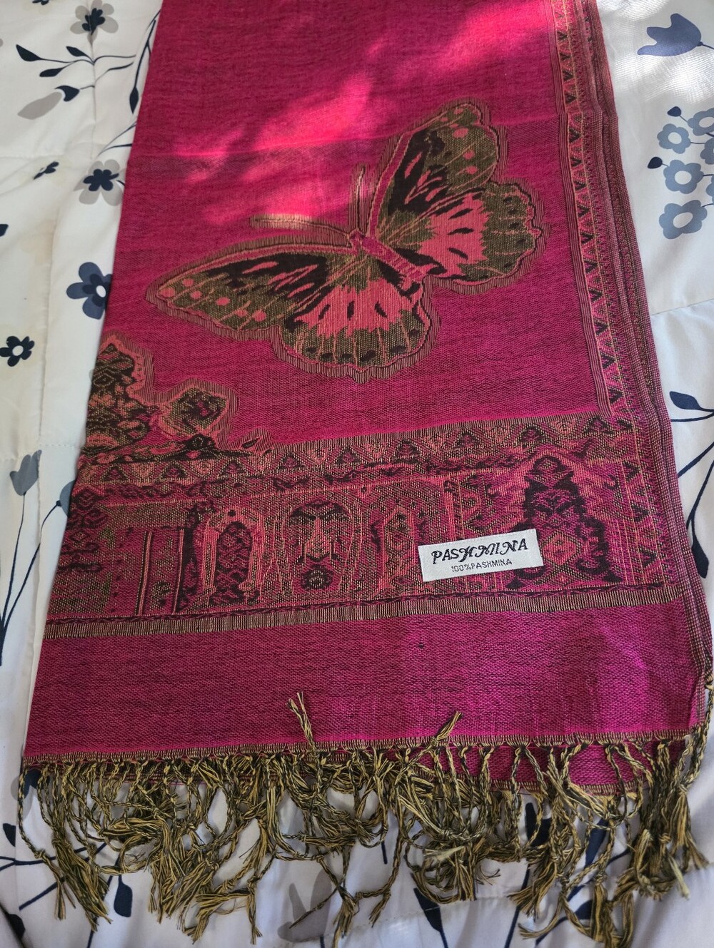 Pashmina 100% Pashmina Scarf in Deep Wine Red with Gold Accents 27x72